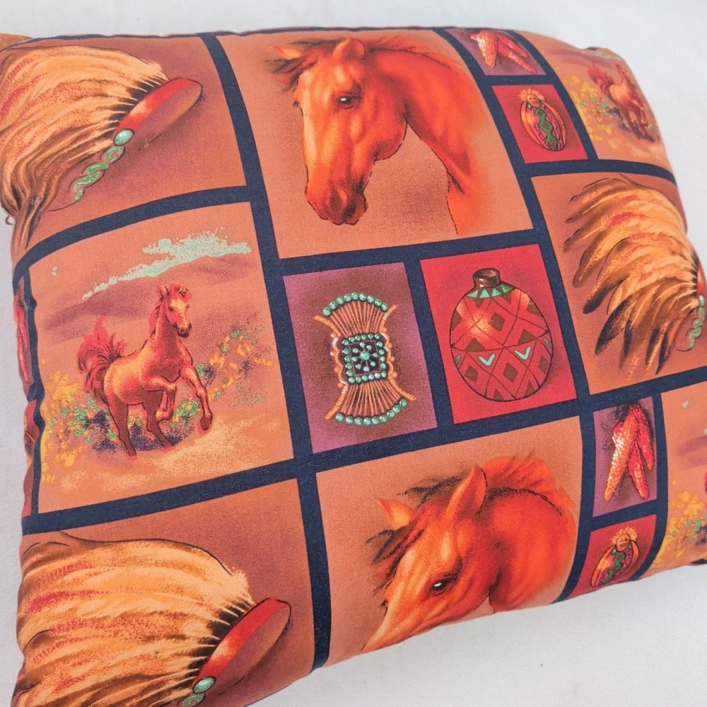 Handmade Western Horse Print Throw Pillow Southwestern Rustic Lodge Decor Tan